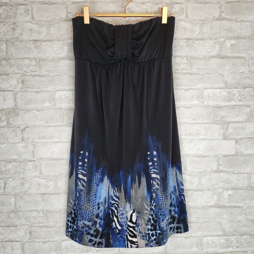 Soma Dress Strapless Black Blue Animal Print Boho Mini Size Small